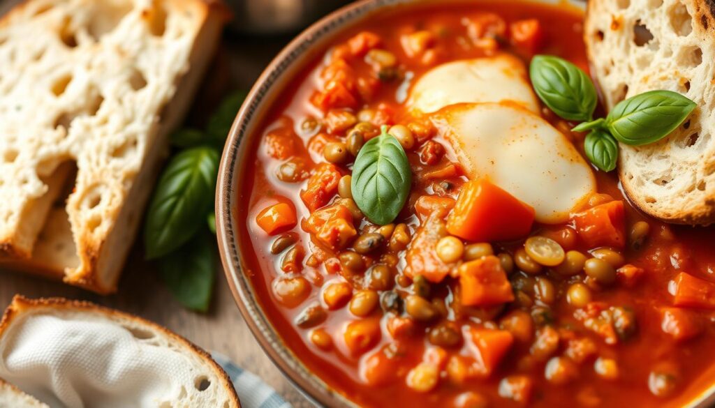 Vegetarian lasagna soup with lentils