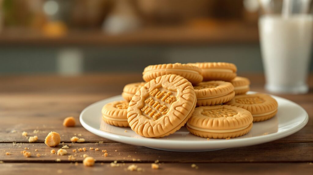 A stack of Nutter Butter cookies on a plate with crumbs scattered on a wooden table.