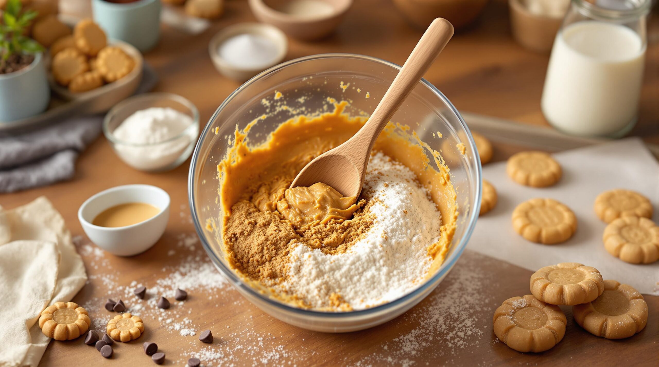 A mixing bowl with peanut butter and flour being combined for homemade cookies.