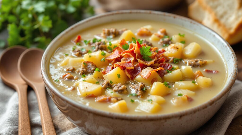 A bowl of hamburger potato soup topped with crispy bacon and parsley