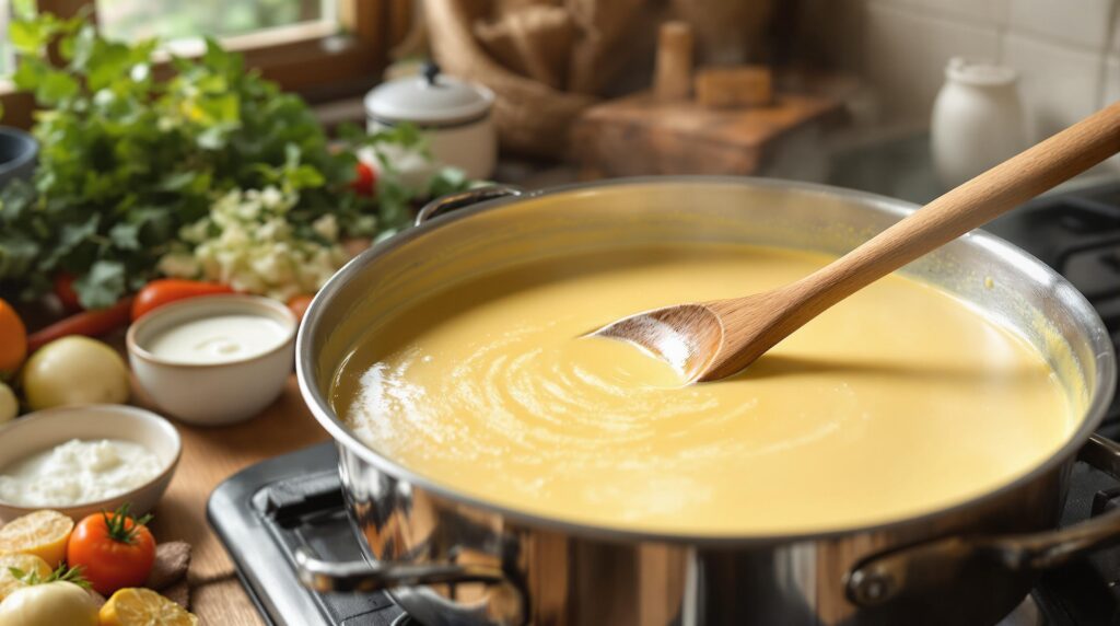 A pot of creamy soup being stirred with a wooden spoon in a kitchen setting.