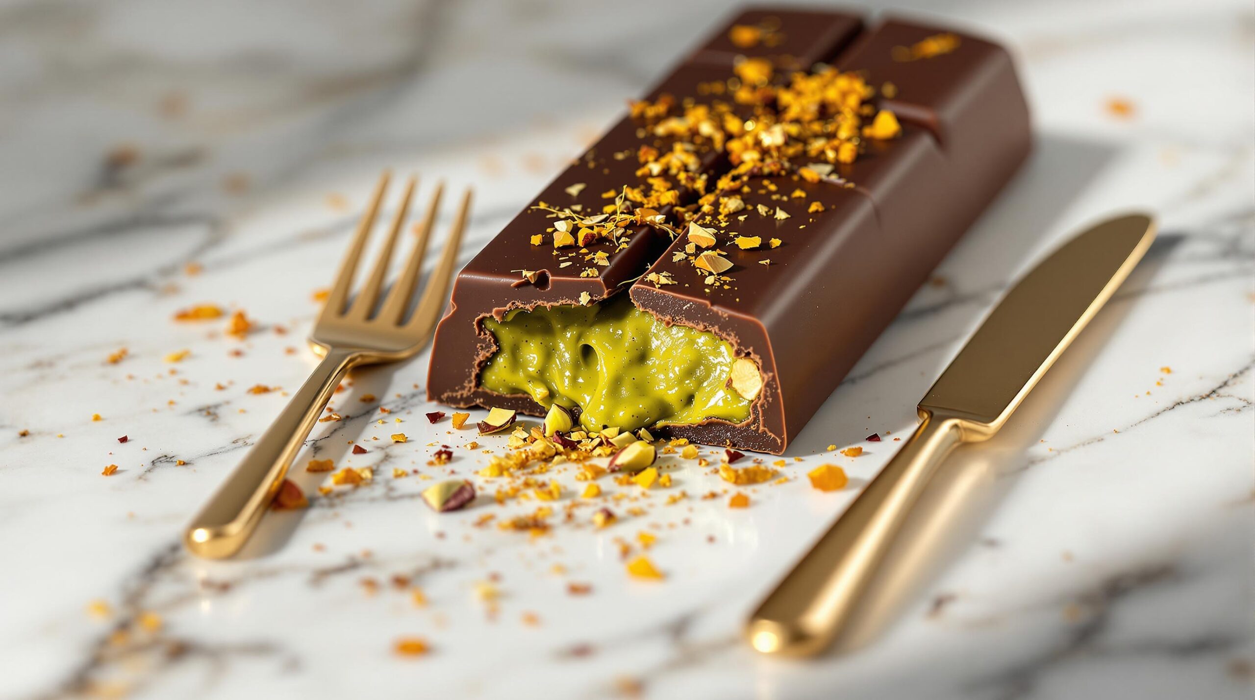 A luxurious homemade Dubai-inspired chocolate bar topped with pistachios and gold flakes.