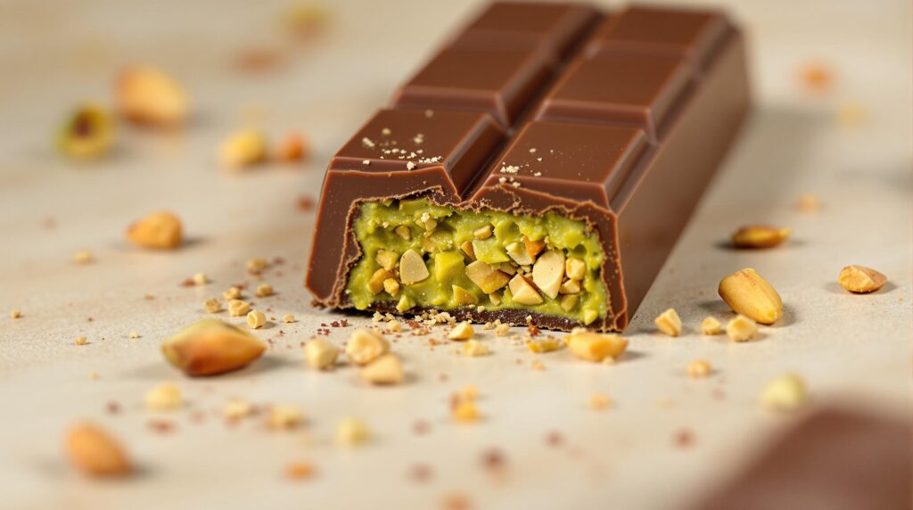 Chocolate bar with pistachio filling and scattered nuts on a light background