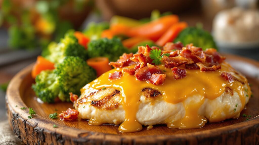 Alice Springs Chicken topped with honey mustard, bacon, and served with steamed vegetables.