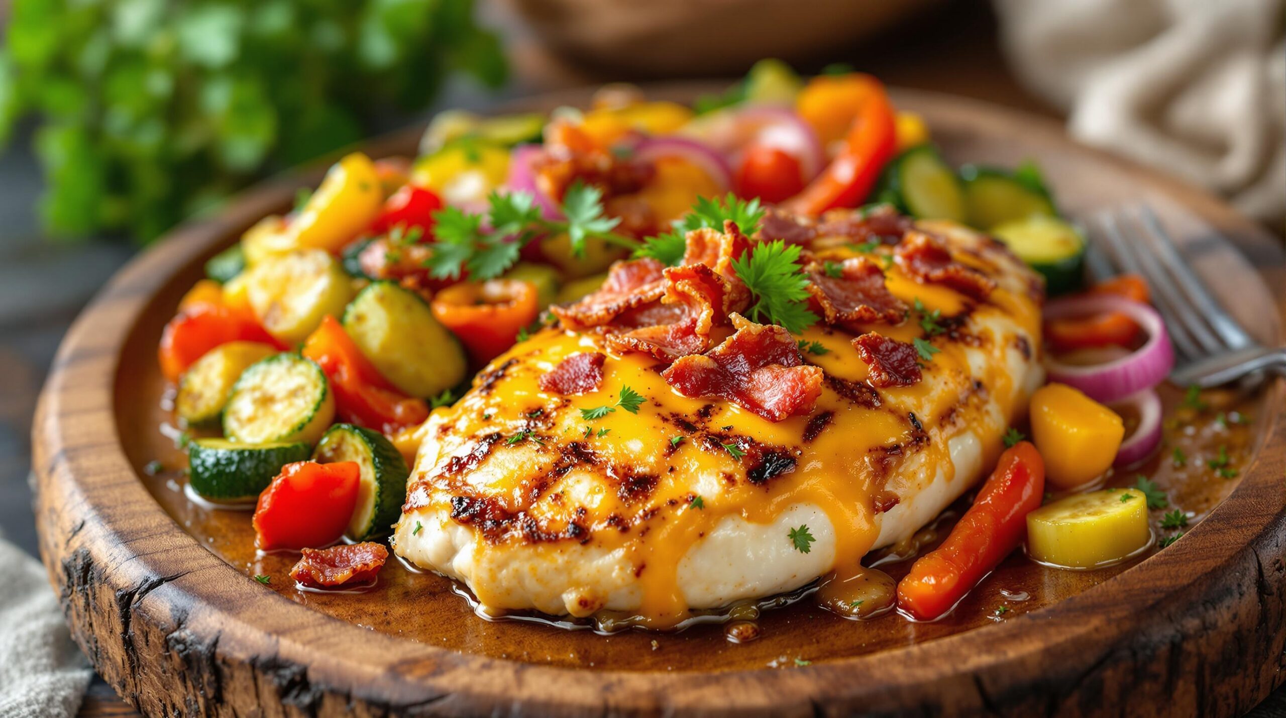 Grilled Alice Springs Chicken topped with melted cheese, bacon, and served with sautéed vegetables.