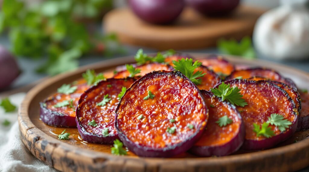 Roasted purple sweet potato slices with fresh parsley and olive oil on a wooden plate.