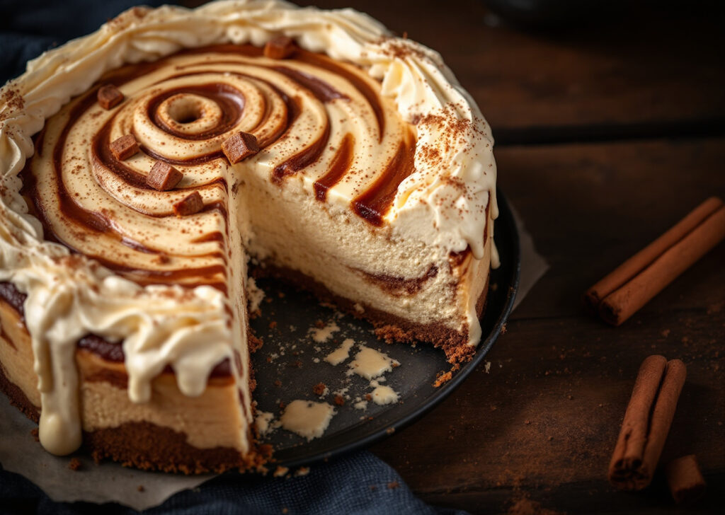 Cinnamon Roll Cheesecake with a swirled cinnamon design, creamy filling, and crumbly crust, styled on a rustic wooden background with cinnamon sticks