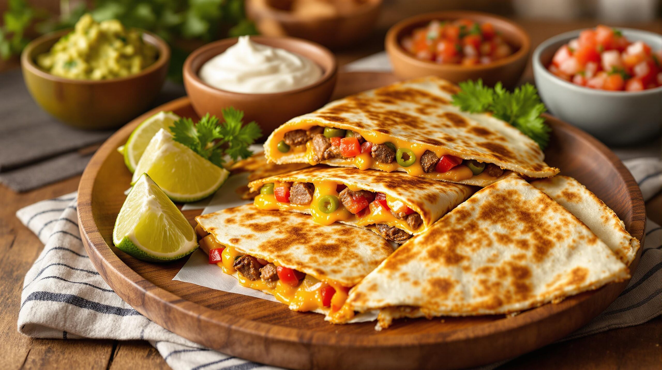 Golden steak quesadilla wedges on a wooden plate, served with guacamole, salsa, and sour cream garnished with lime wedges and cilantro.