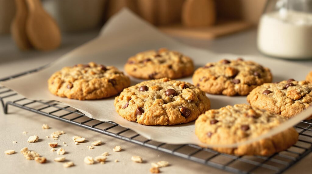 Freshly baked chocolate chip cookies on a tray with a glass of milk and chocolate chips in the background.