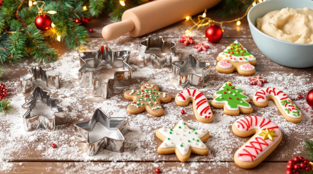 Christmas cookie cutters alongside beautifully decorated cookies on a wooden surface with festive decorations.