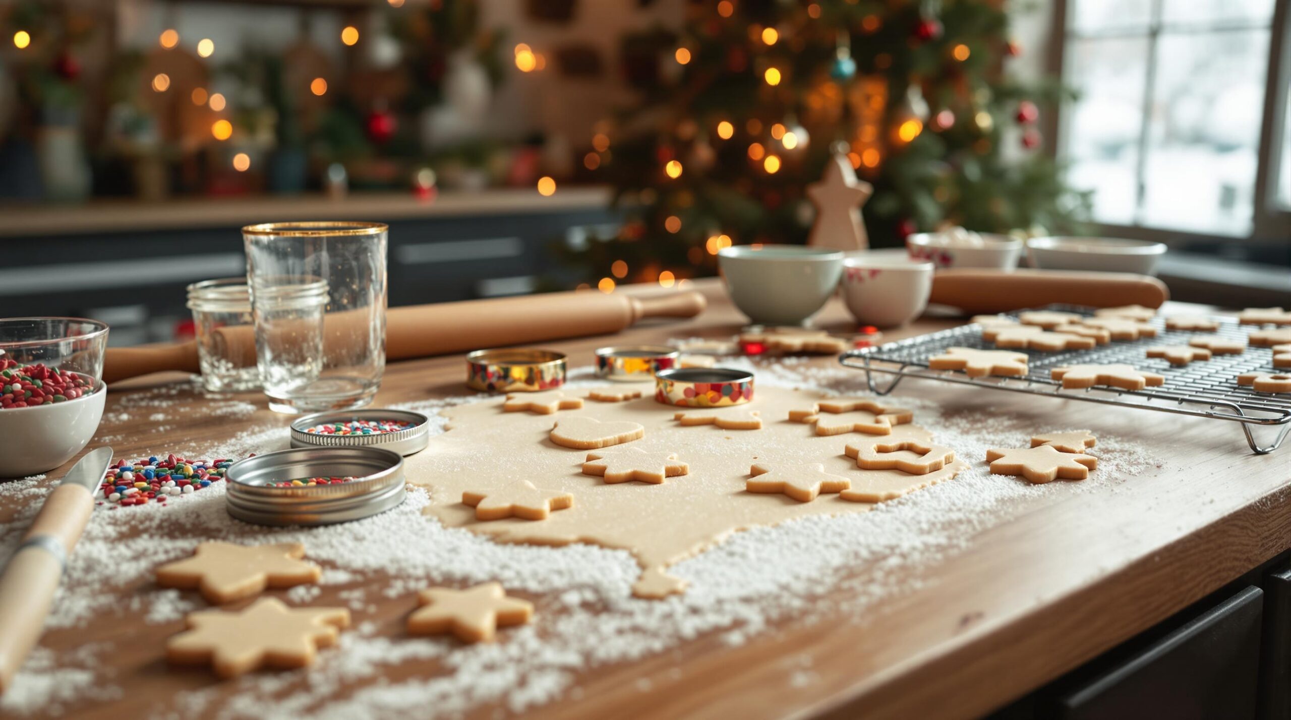 A cozy holiday kitchen setup with dough, jar lids, and improvised cookie cutters on a wooden table.