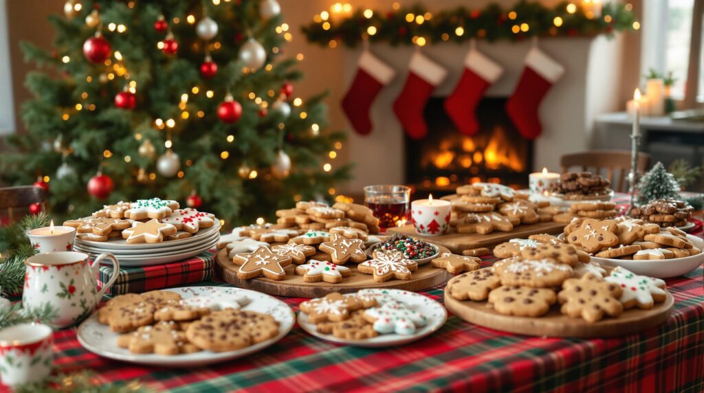 A cozy holiday setup featuring a variety of Christmas cookies on a table with a Christmas tree in the background.