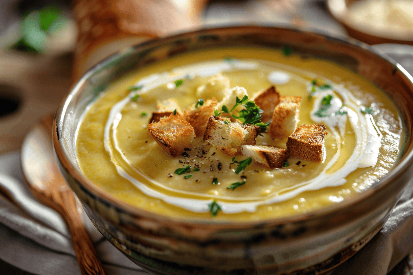 A bowl of thick, creamy soup garnished with crispy croutons, fresh parsley, and a swirl of cream.