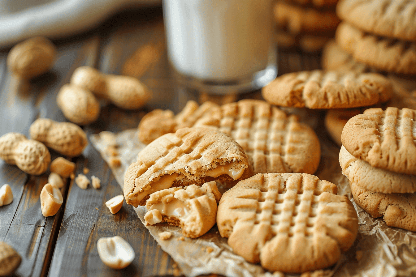 : Homemade Nutter Butter cookies with a creamy peanut butter filling, served with peanuts and a glass of milk.