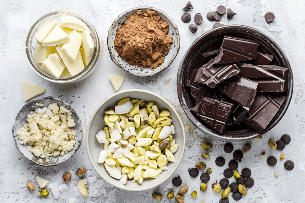 A flat-lay of premium ingredients for making Dubai chocolate bars, including dark chocolate, white chocolate, pistachios, cocoa powder, and coconut.
