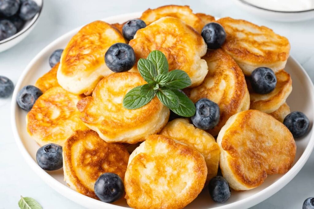 Plate of golden pancakes topped with fresh blueberries and mint