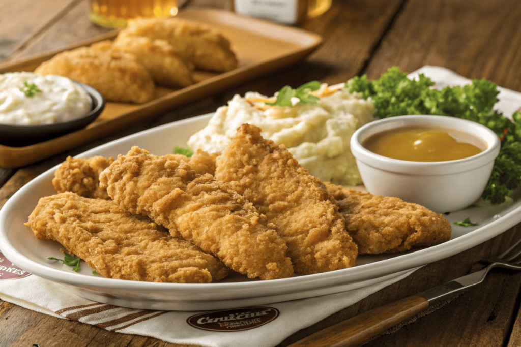 A plate of crispy Cracker Barrel chicken tenders served with mashed potatoes, gravy, and a fresh garnish.