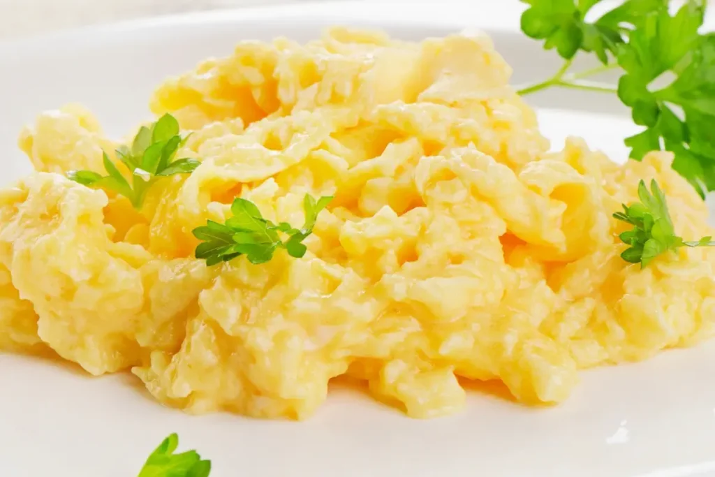 Plate of fluffy scrambled eggs garnished with fresh parsley