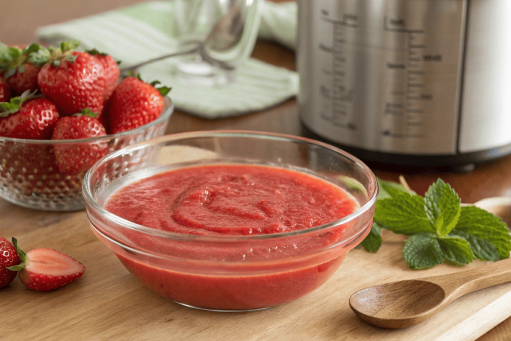 A glass bowl filled with freshly made strawberry puree placed on a wooden surface, with whole strawberries and fresh mint leaves nearby.