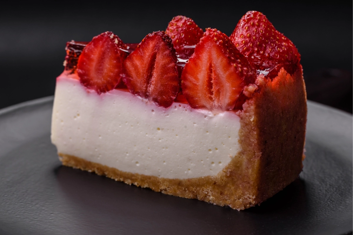 A slice of strawberry cheesecake with a biscuit base.