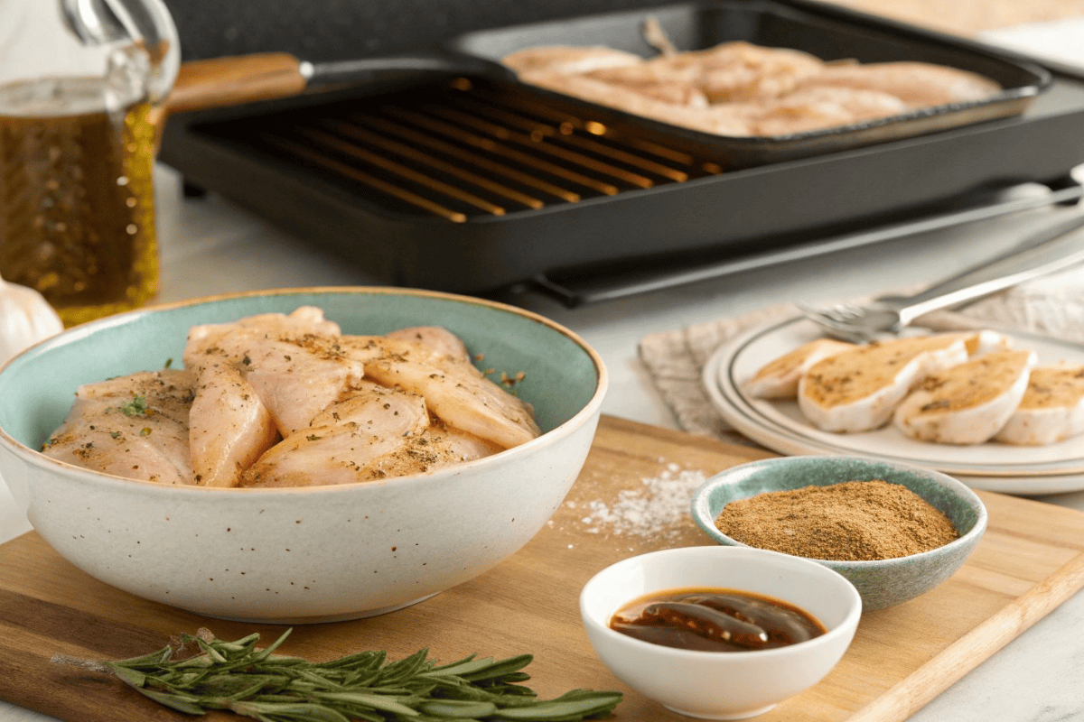 Raw, marinated chicken tenders in a bowl with fresh herbs and seasoning, ready for grilling.