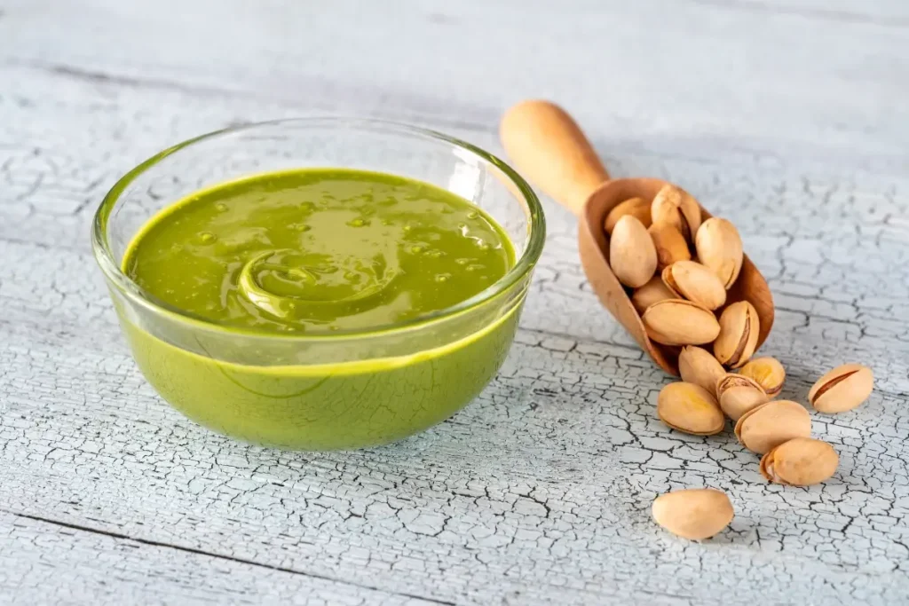 Glass bowl of pistachio butter next to a wooden scoop of shelled pistachios