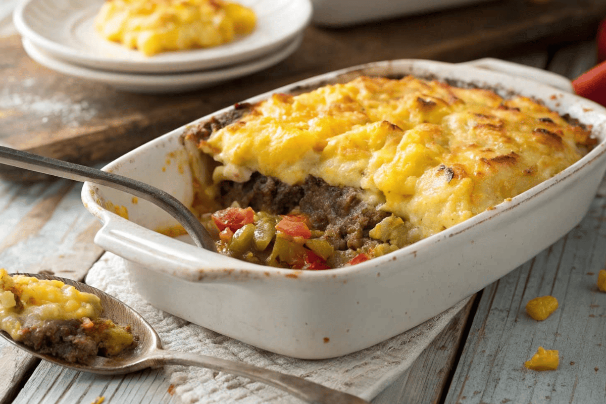 Hamburger and hash brown potato casserole topped with melted cheese, served in a white baking dish with a golden, crispy crust.