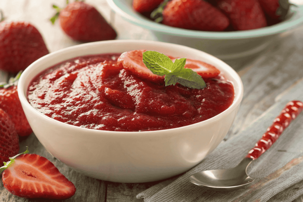 Bowl of fresh strawberry puree with sliced strawberries and mint garnish.