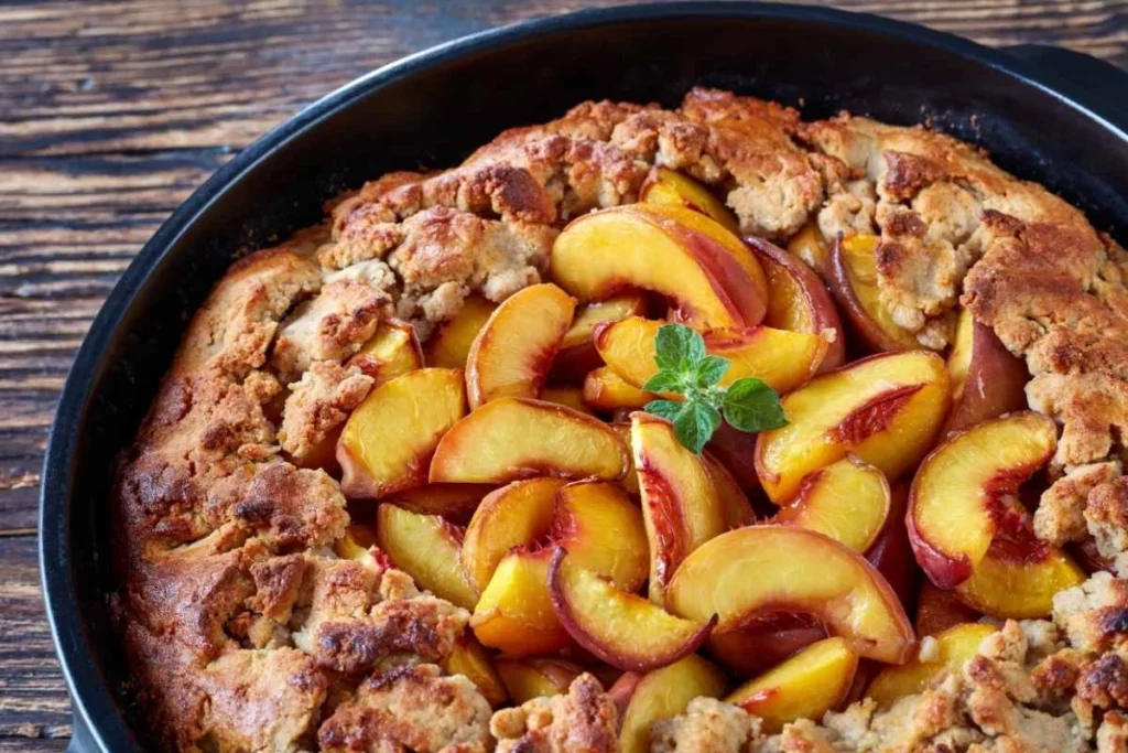 Freshly baked peach cobbler with golden-brown crust and vibrant peach slices, served in a black skillet.