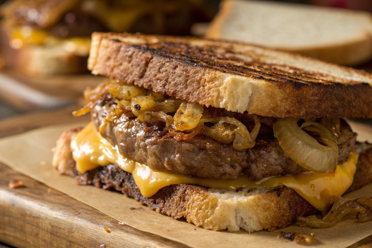 Close-up of a patty melt sandwich with grilled onions and melted cheese.