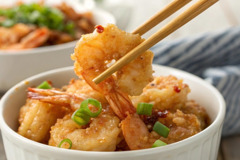 Crispy golden shrimp garnished with green onions, held by chopsticks over a bowl.