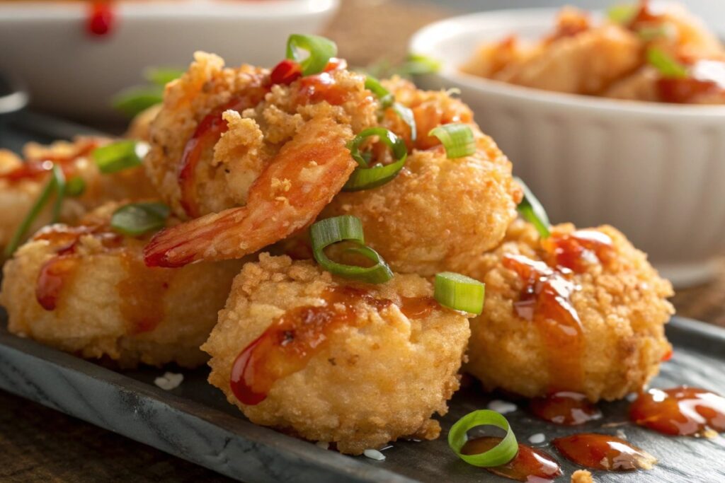 Crispy golden shrimp drizzled with a spicy glaze and garnished with fresh green onions on a dark serving tray.