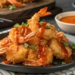 Crispy Bang Bang Shrimp drizzled with spicy sauce and garnished with fresh cilantro on a black plate.