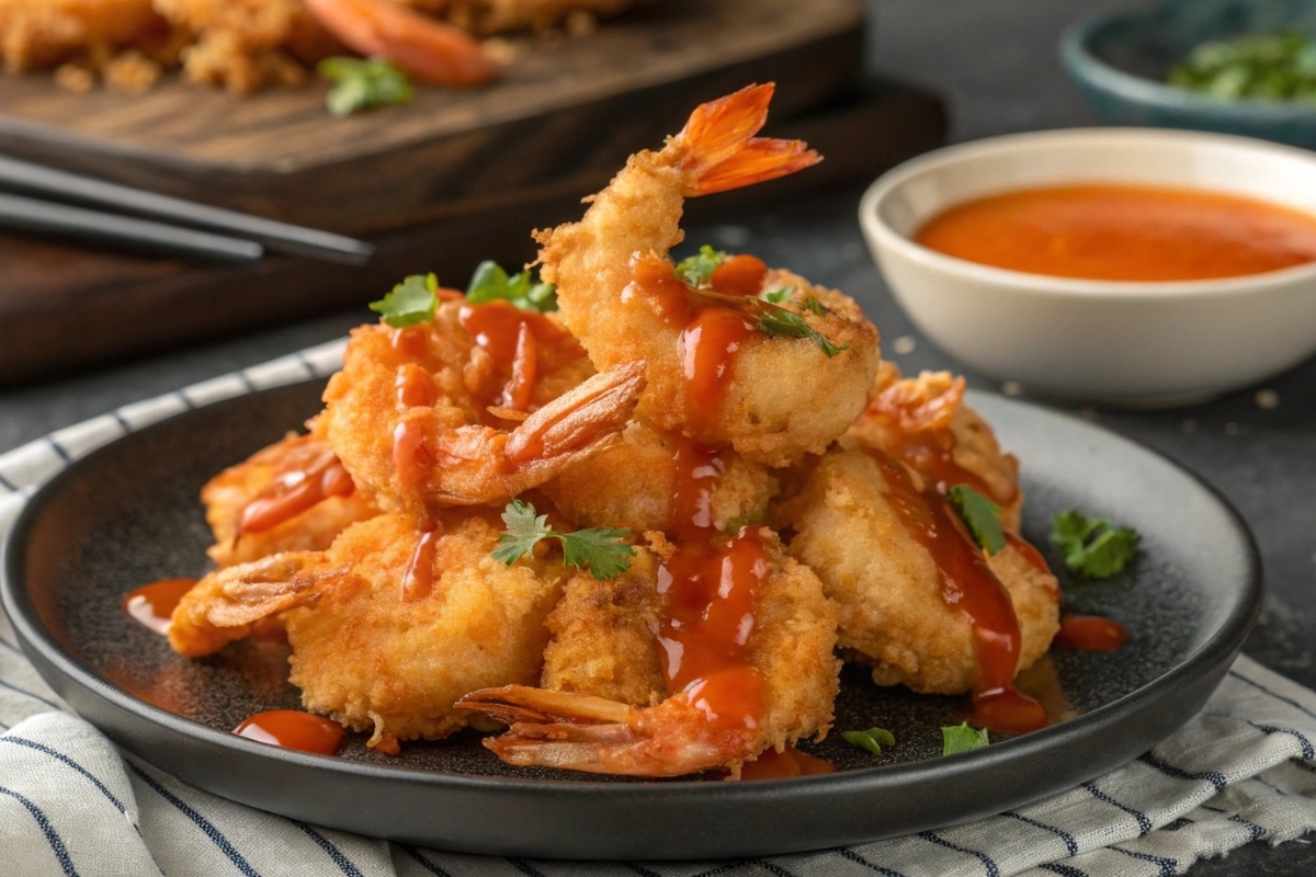 Crispy Bang Bang Shrimp drizzled with spicy sauce and garnished with fresh cilantro on a black plate.