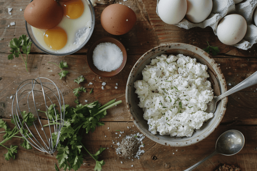 Fresh ingredients for Scrambled Eggs with Cottage Cheese, including eggs, cottage cheese, salt, and parsley on a rustic wooden table.