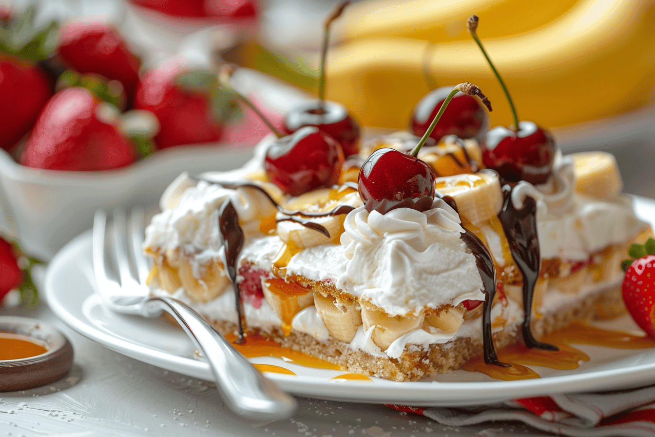 A beautifully plated Banana Split Cake topped with whipped cream, chocolate drizzle, and cherries.