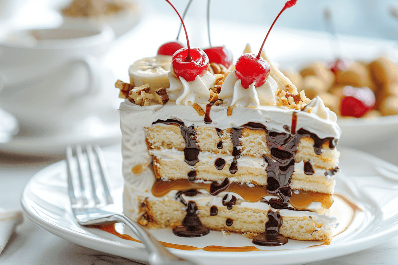 Banana Split Cake served on a white plate, topped with chocolate sauce, maraschino cherries, and chopped nuts.