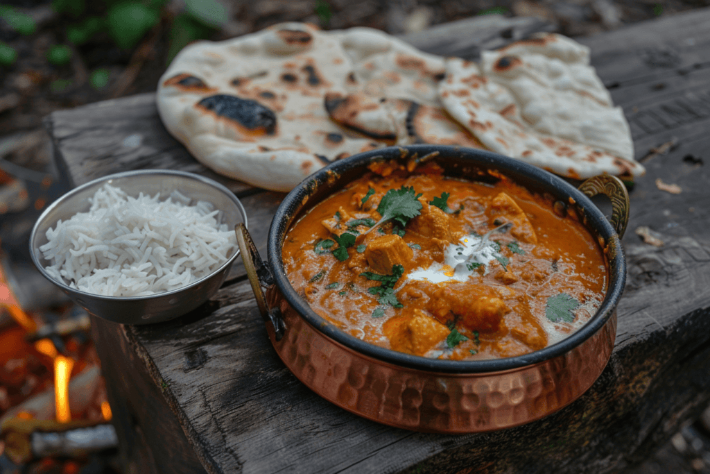 A beautifully plated Butter Chicken served in a traditional copper bowl, garnished with fresh cilantro and a swirl of cream, accompanied by naan and basmati rice.