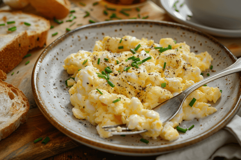 Scrambled Eggs with Cottage Cheese served on a rustic plate with fresh chives.