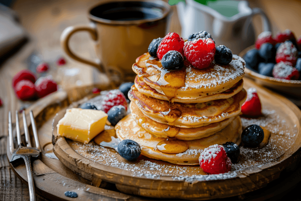 A step-by-step collage illustrating how to make mini pancakes, from whisking the batter to flipping them on a griddle and plating with syrup and toppings.