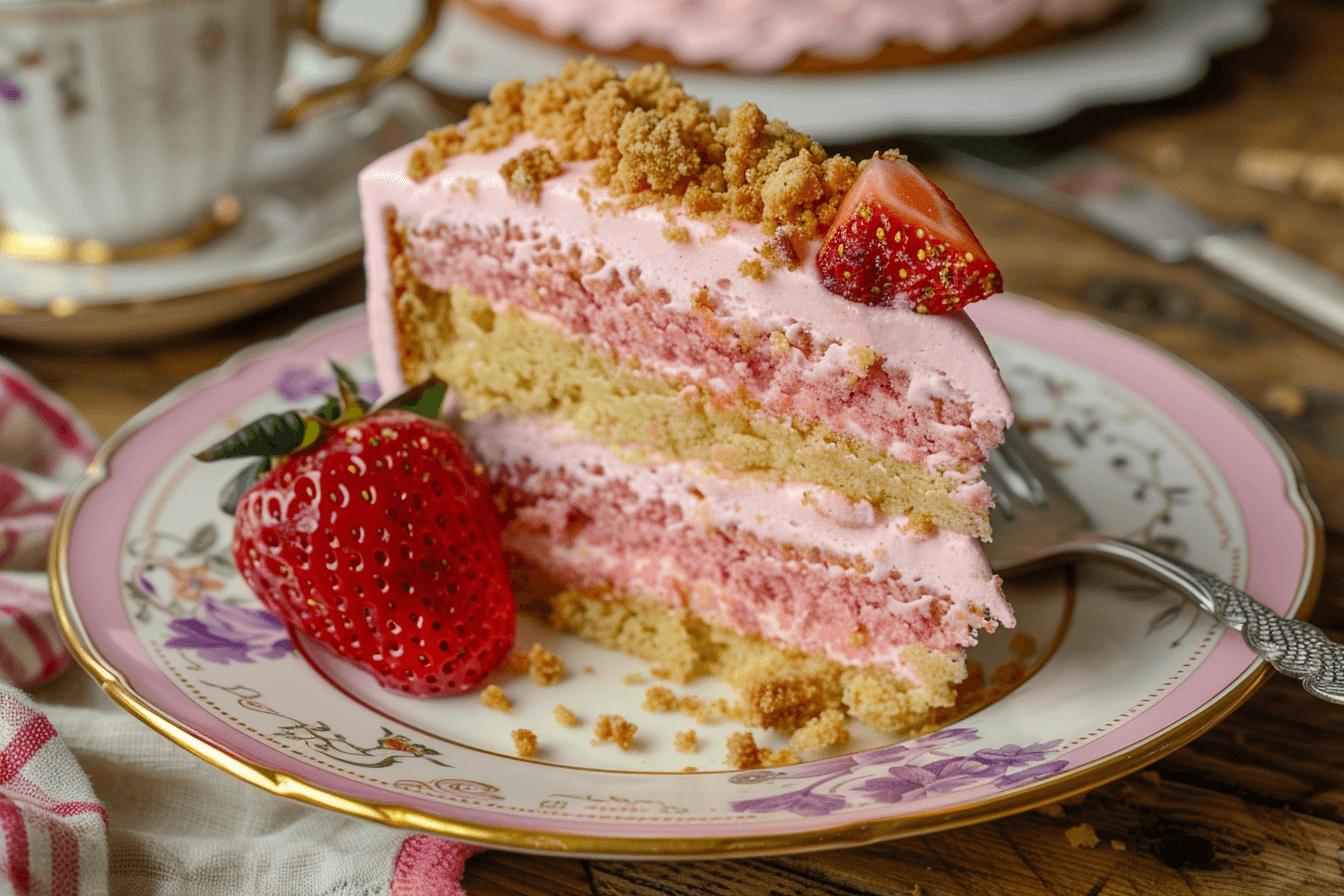 How to make strawberry crunch cake – a close-up of a slice showcasing soft cake layers, creamy filling, and a crunchy strawberry topping