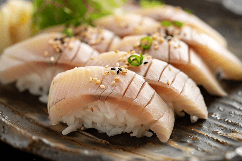 What is Hamachi Sushi? A close-up shot of beautifully plated Hamachi Sushi with sesame seeds and green onions.