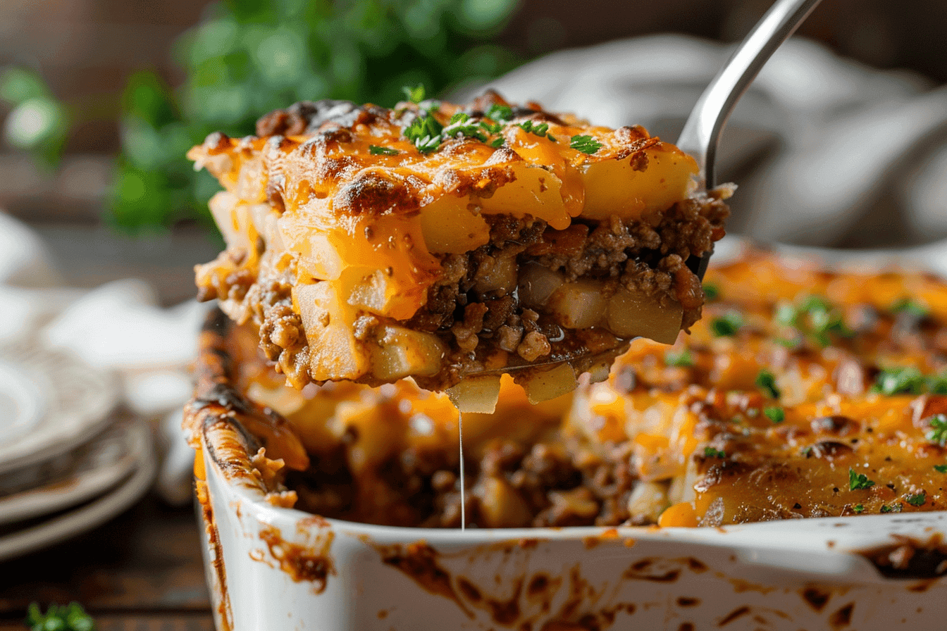 Hamburger and hash brown potato casserole topped with melted cheese, served in a white baking dish with a golden, crispy crust.