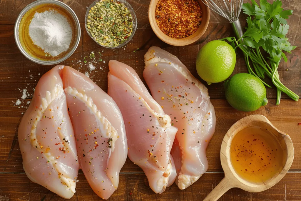 Key ingredients for Cracker Barrel Grilled Chicken Tenders, including raw chicken, Italian dressing, honey, lime, and spices.