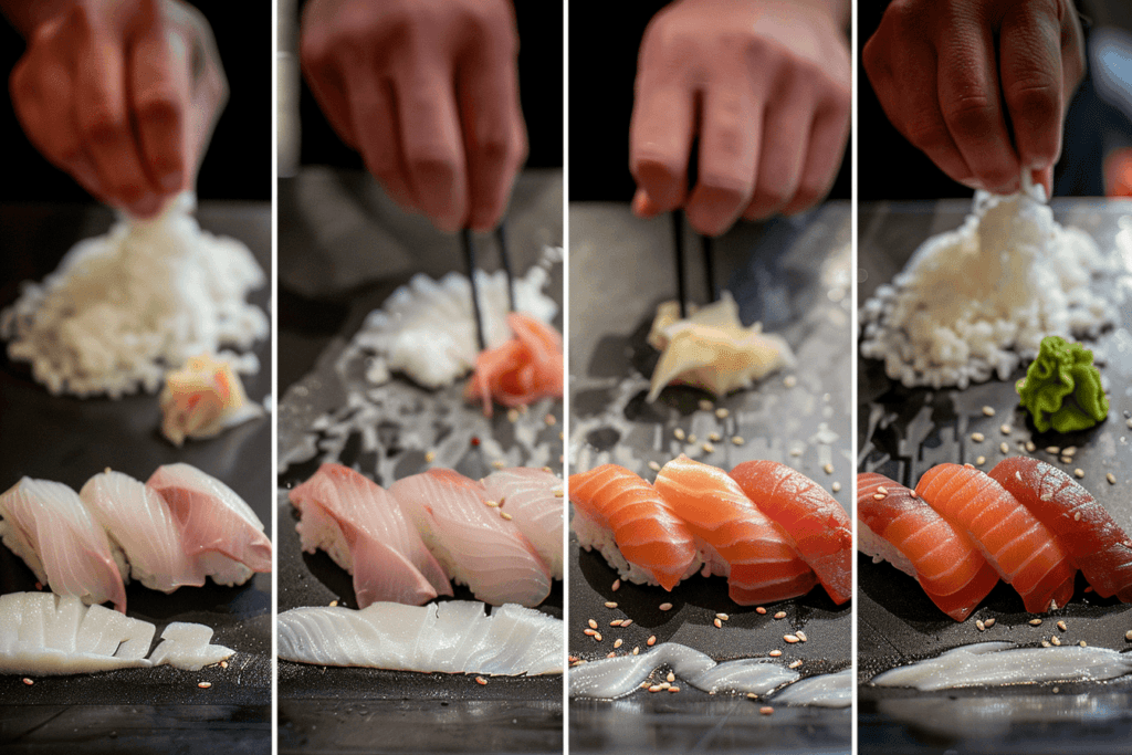 What is Hamachi Sushi? Step-by-step process of making Hamachi Sushi, showing preparation and assembly of the sushi.