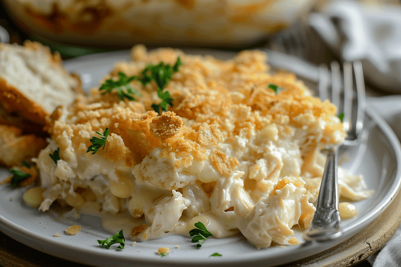 Million Dollar Chicken Casserole: A creamy, cheesy casserole in a baking dish with a golden, crispy cracker topping, ready to be served