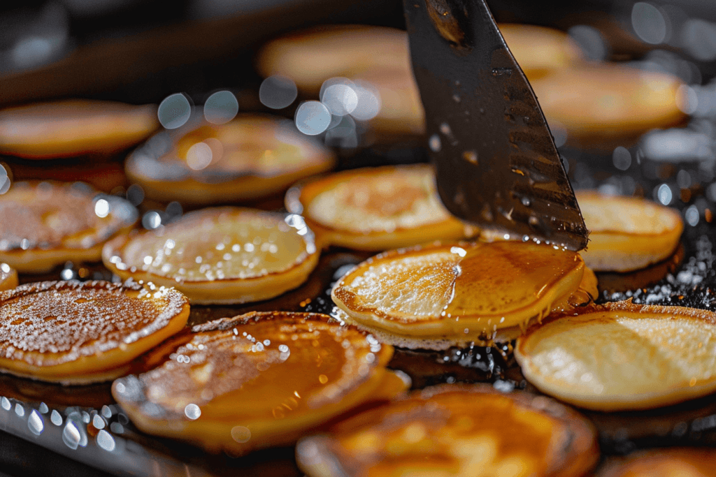 A close-up shot showing how to make mini pancakes on a hot griddle, with a spatula flipping a golden-brown pancake.