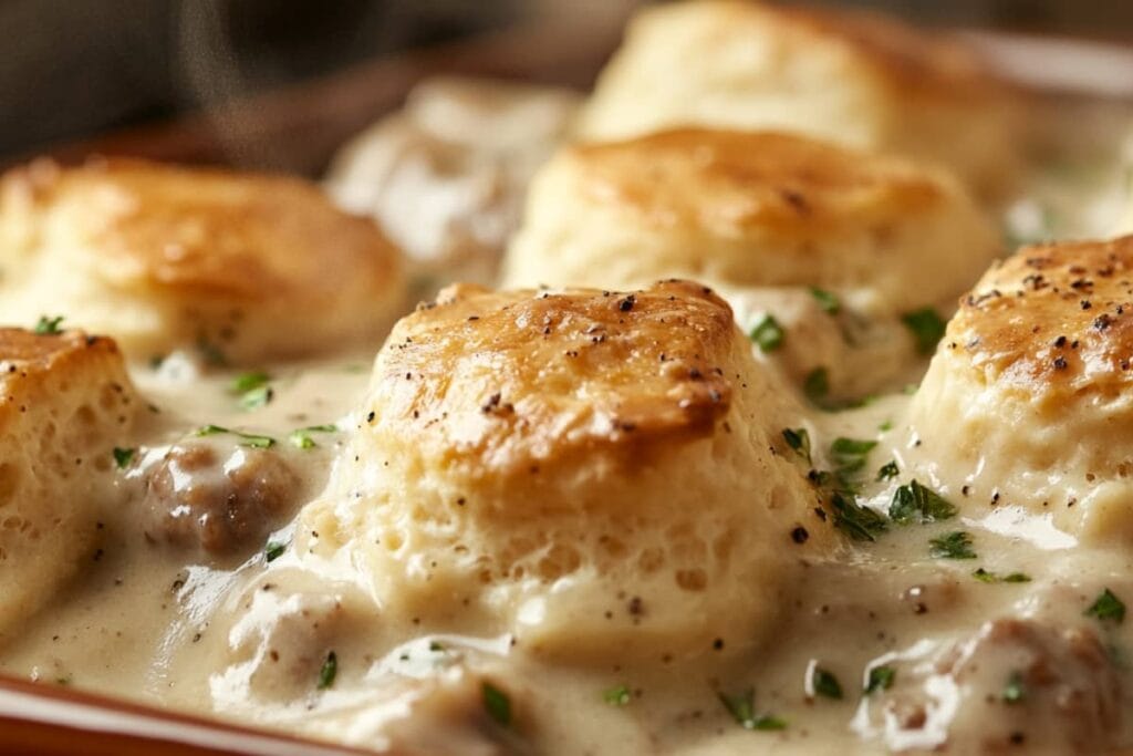 Freshly Baked Biscuits in a Creamy Gravy Casserole