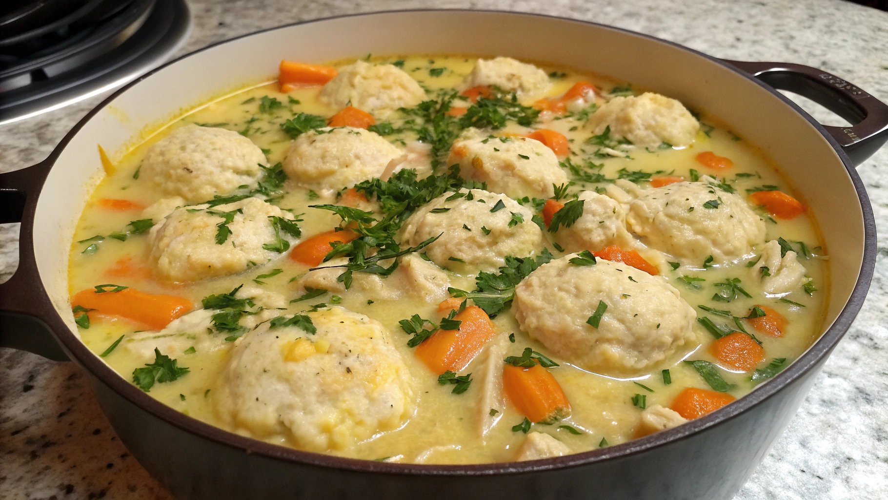 A pot of homemade chicken and dumpling soup with fluffy dumplings, carrots, and fresh parsley in a creamy broth.