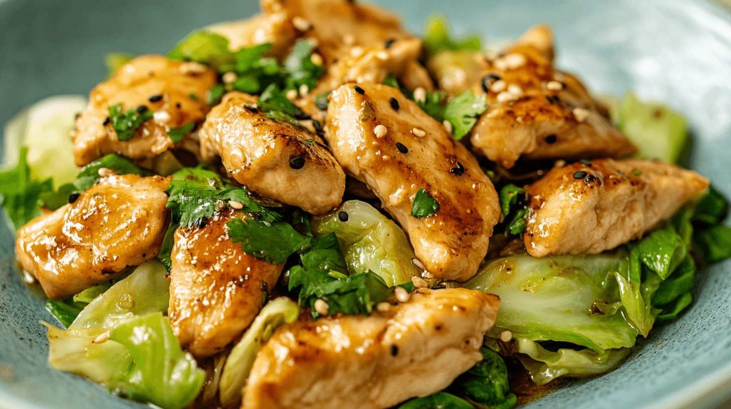 : "A delicious plate of Chinese Chicken Cabbage Stir-Fry with tender chicken, crispy cabbage, and fresh cilantro garnish.